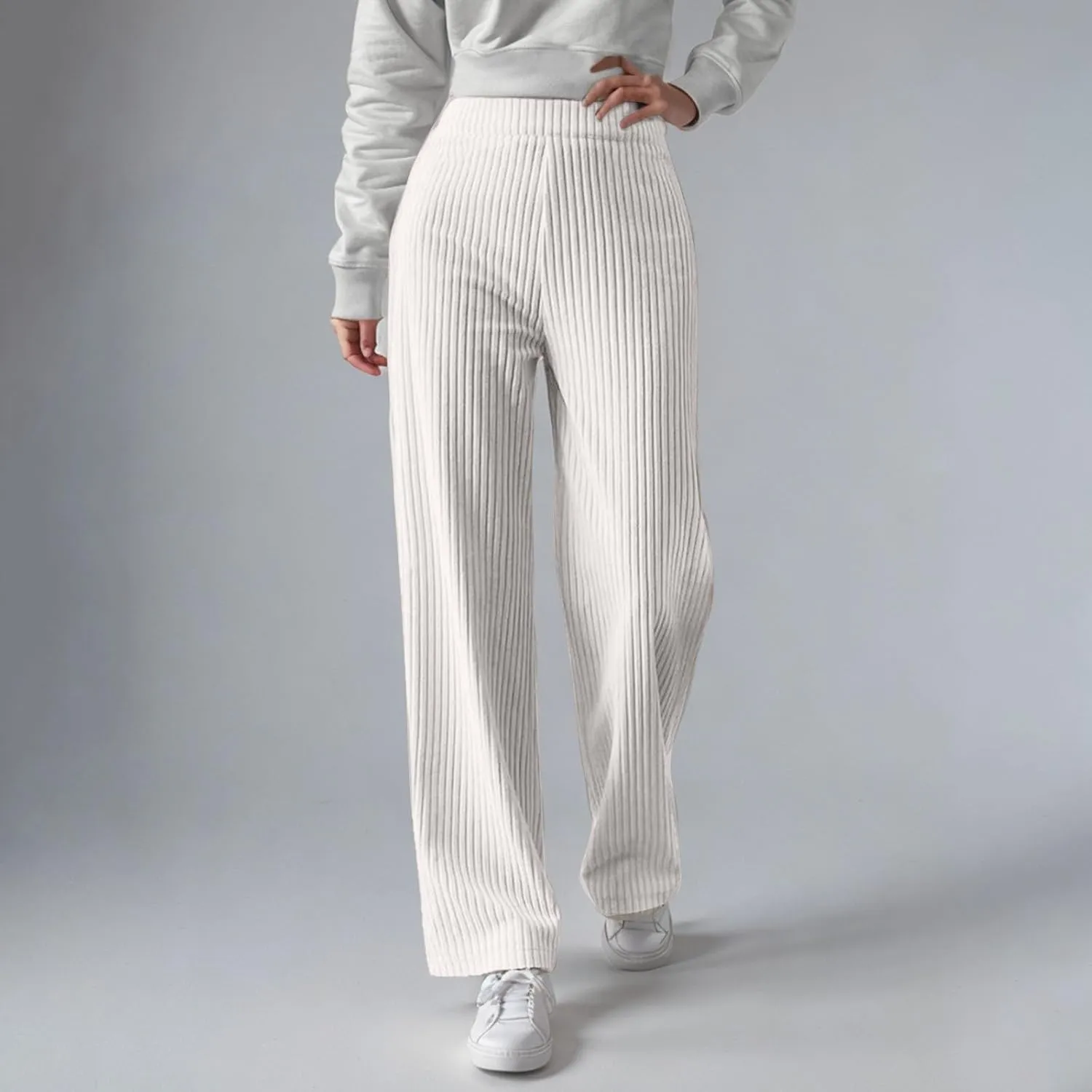 Women's Ribbed Knit Pants Casual Elastic High Waist Wide Leg Lined Long Comfort Loose Trousers with Pockets