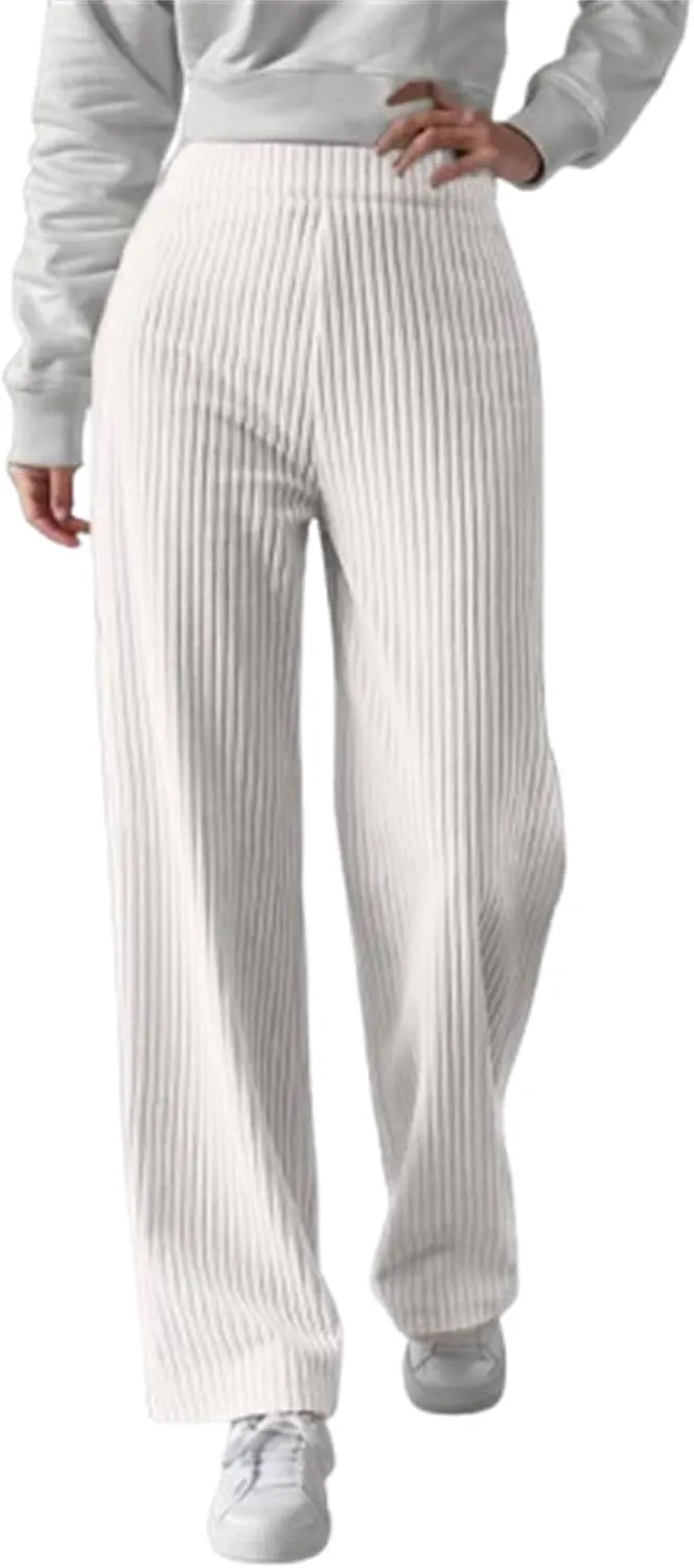Women's Ribbed Knit Pants Casual Elastic High Waist Wide Leg Lined Long Comfort Loose Trousers with Pockets