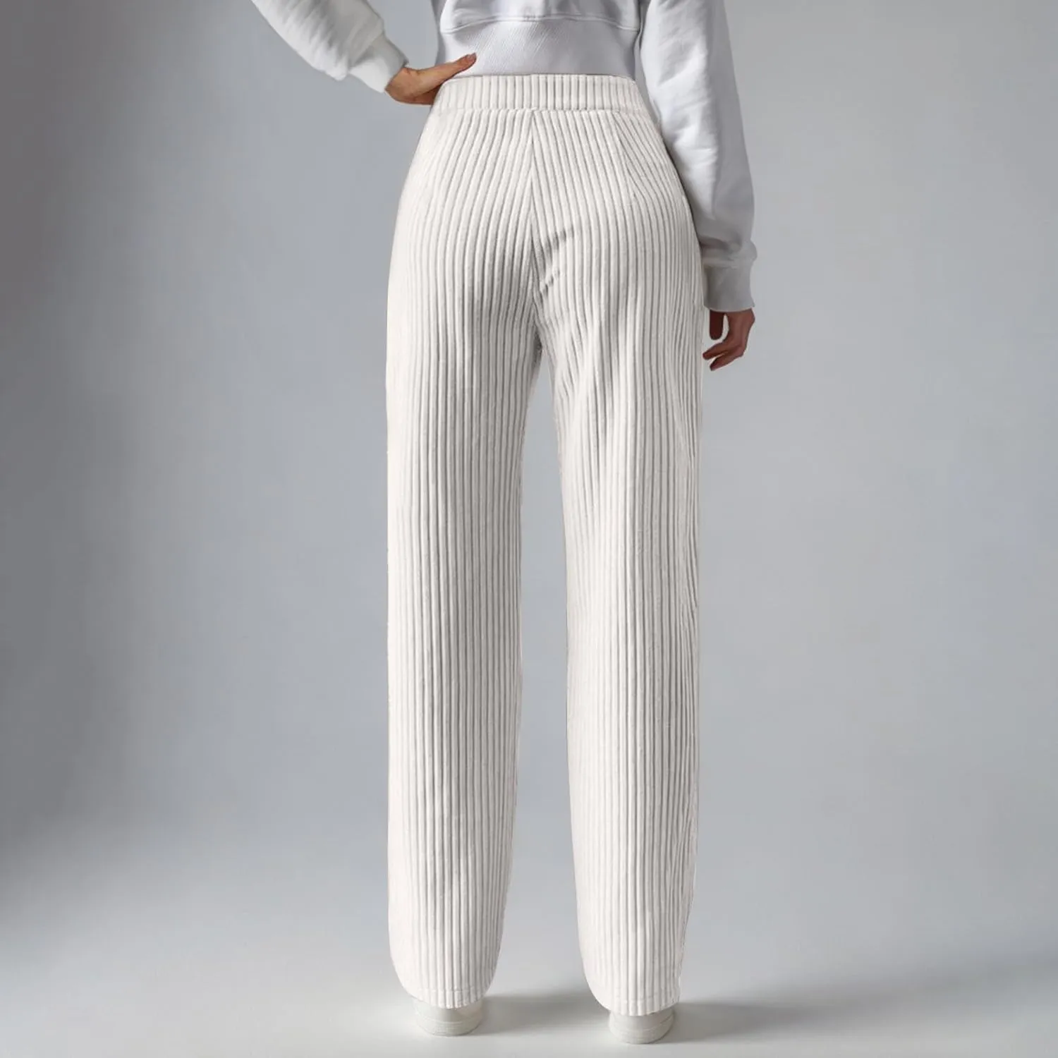 Women's Ribbed Knit Pants Casual Elastic High Waist Wide Leg Lined Long Comfort Loose Trousers with Pockets