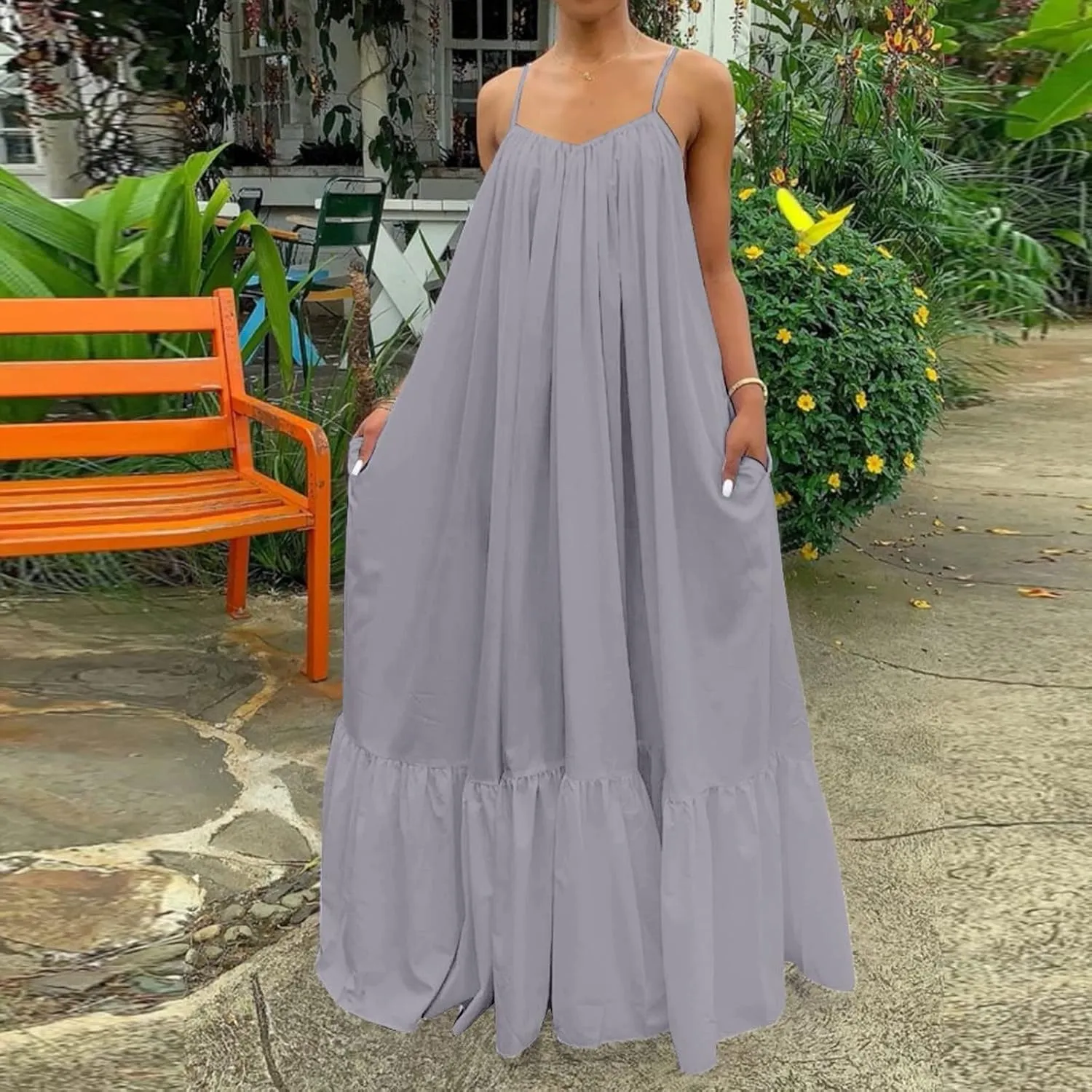 Womens Sexy Sleeveless Spaghetti Strap Dress Ruched Ruffle Hem Beach Sundress Loose Long Boho Maxi Swing Dresses