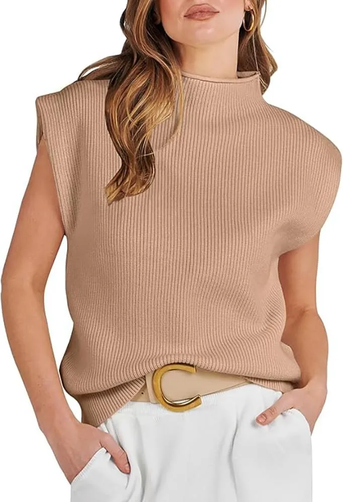 Womens Sleeveless Sweater Vest Mock Neck Tank Tops Casual Cap Sleeve Knit Pullover Summer Clothes