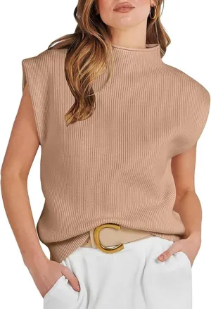 Womens Sleeveless Sweater Vest Mock Neck Tank Tops Casual Cap Sleeve Knit Pullover Summer Clothes