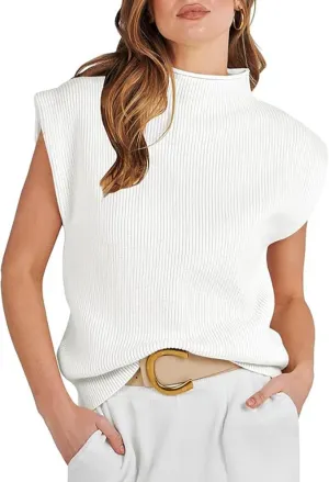 Womens Sleeveless Sweater Vest Mock Neck Tank Tops Casual Cap Sleeve Knit Pullover Summer Clothes