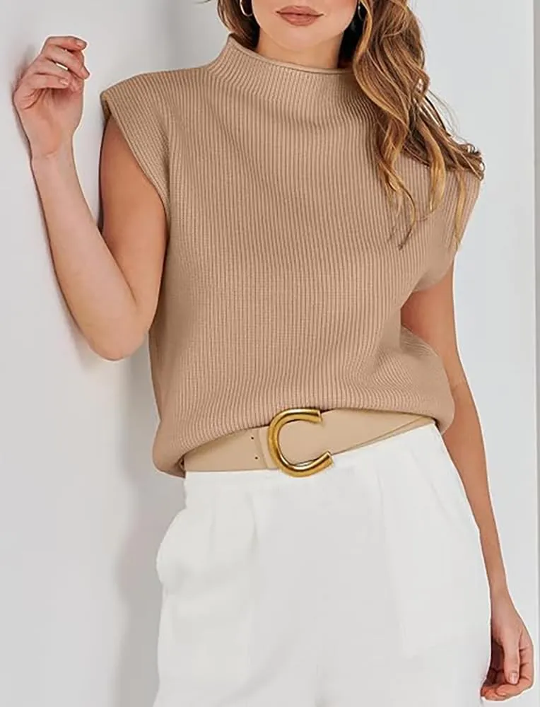 Womens Sleeveless Sweater Vest Mock Neck Tank Tops Casual Cap Sleeve Knit Pullover Summer Clothes