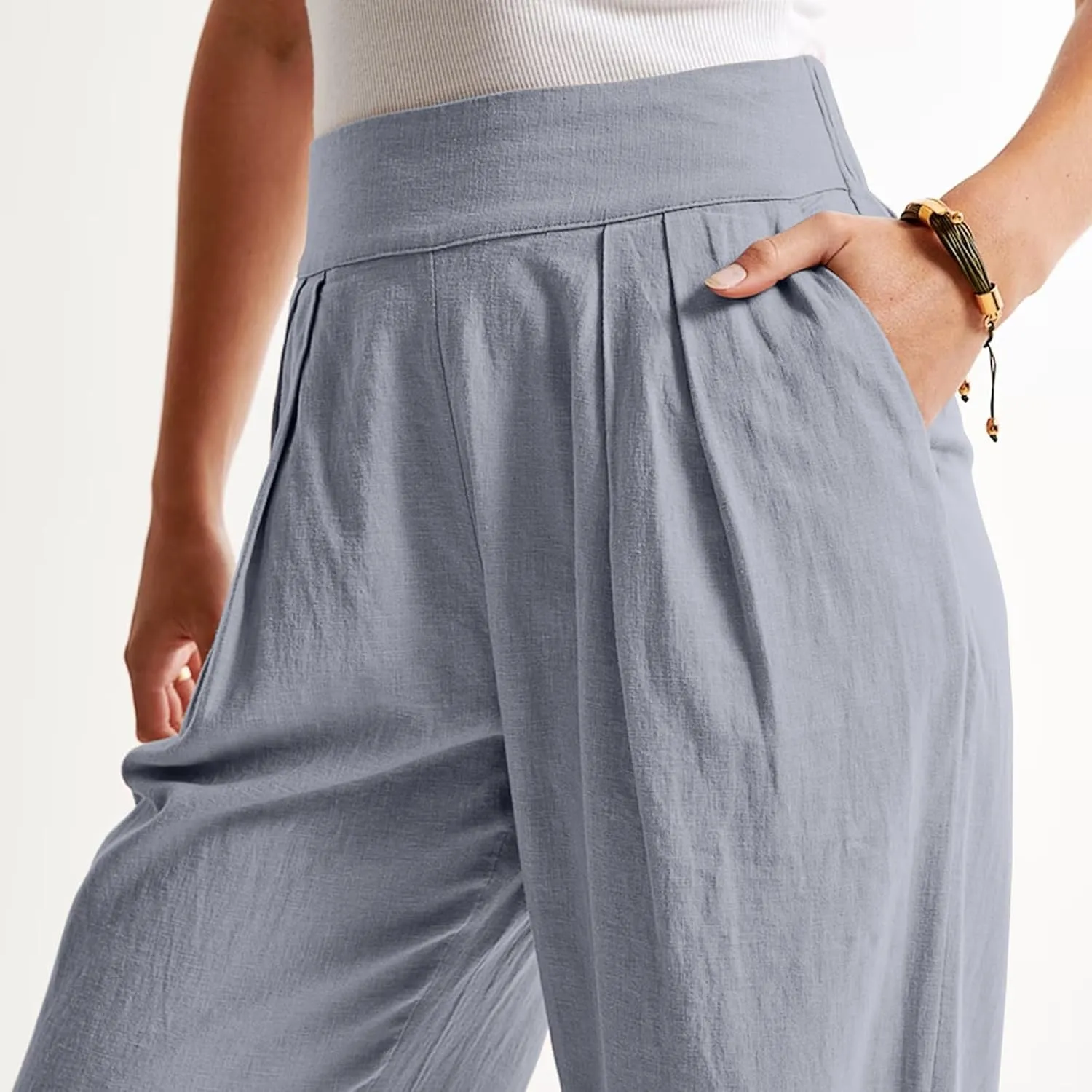 Women's Smocked High Waisted Cotton Linen Wide Leg Pants Palazzo with Pockets Casual High Waist Long Pants Trousers