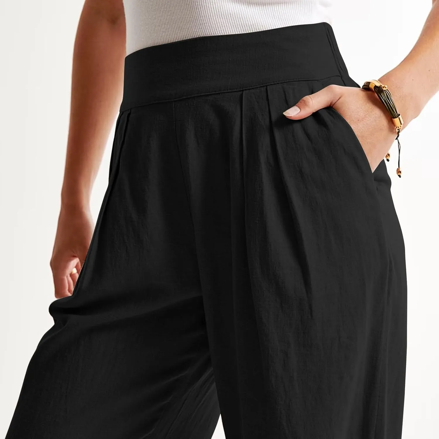 Women's Smocked High Waisted Cotton Linen Wide Leg Pants Palazzo with Pockets Casual High Waist Long Pants Trousers