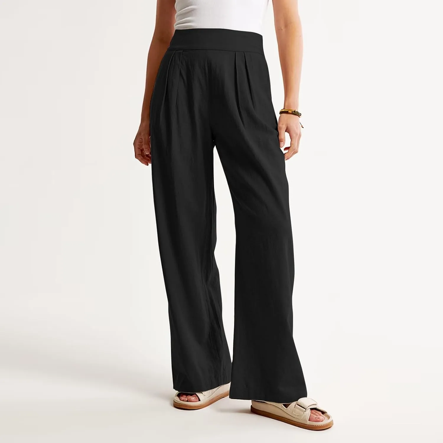 Women's Smocked High Waisted Cotton Linen Wide Leg Pants Palazzo with Pockets Casual High Waist Long Pants Trousers