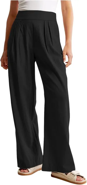 Women's Smocked High Waisted Cotton Linen Wide Leg Pants Palazzo with Pockets Casual High Waist Long Pants Trousers