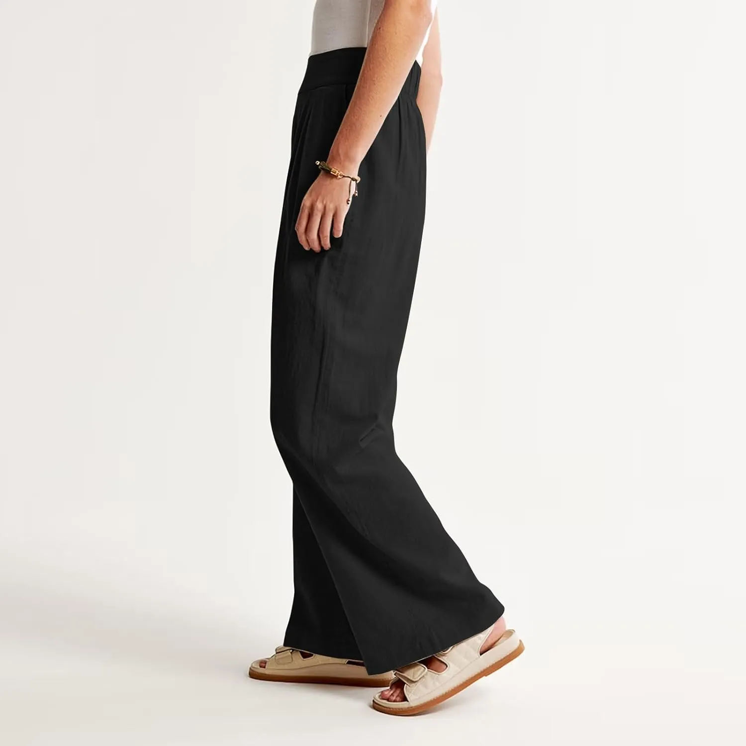 Women's Smocked High Waisted Cotton Linen Wide Leg Pants Palazzo with Pockets Casual High Waist Long Pants Trousers
