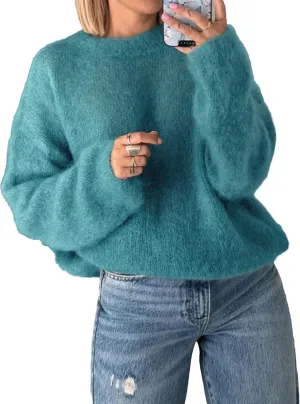 Womens Soft Fuzzy Knit Sweater Oversized Cozy Pullover Jumper Long Sleeve Casual Crewneck Sweater