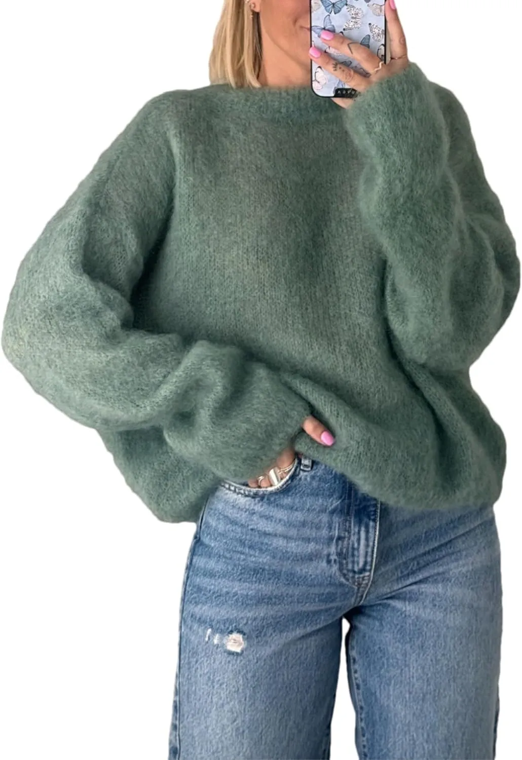 Womens Soft Fuzzy Knit Sweater Oversized Cozy Pullover Jumper Long Sleeve Casual Crewneck Sweater