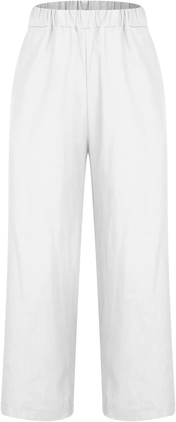 Womens Straight Leg Linen Pants with Pokets High Waist Pants Beach Summer Bottoms Casual Trousers Loungewear