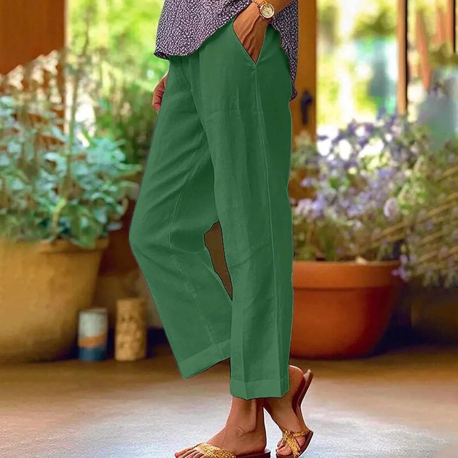 Womens Straight Leg Linen Pants with Pokets High Waist Pants Beach Summer Bottoms Casual Trousers Loungewear
