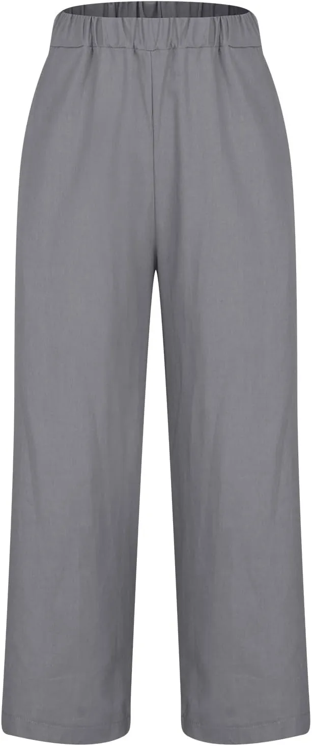 Womens Straight Leg Linen Pants with Pokets High Waist Pants Beach Summer Bottoms Casual Trousers Loungewear