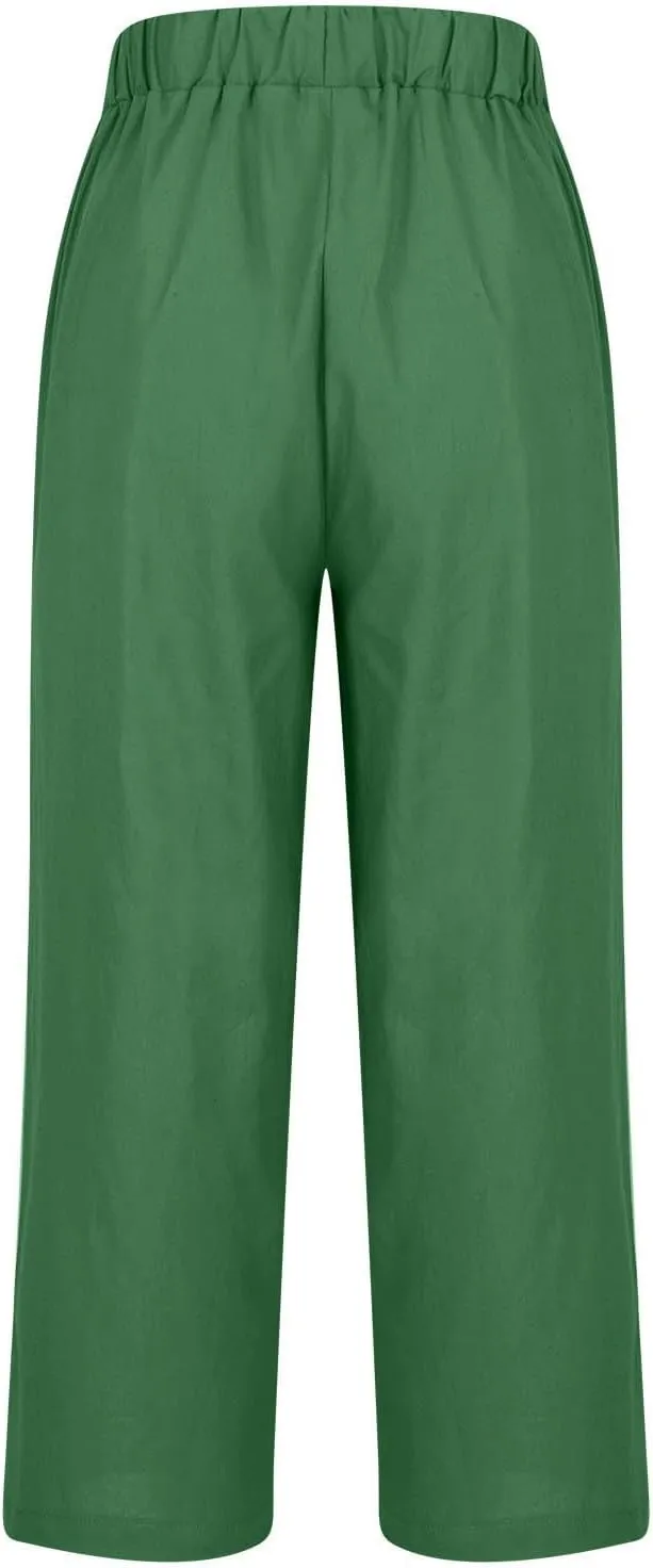 Womens Straight Leg Linen Pants with Pokets High Waist Pants Beach Summer Bottoms Casual Trousers Loungewear