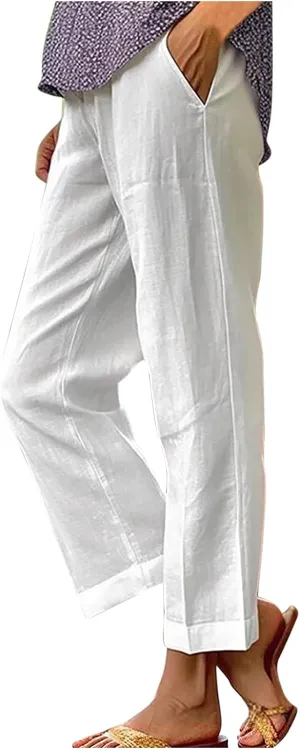 Womens Straight Leg Linen Pants with Pokets High Waist Pants Beach Summer Bottoms Casual Trousers Loungewear