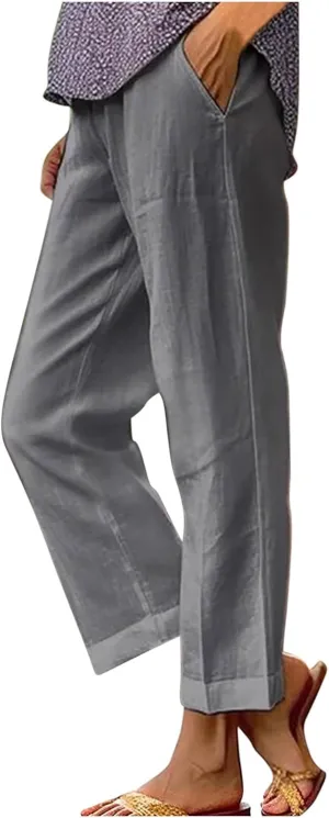 Womens Straight Leg Linen Pants with Pokets High Waist Pants Beach Summer Bottoms Casual Trousers Loungewear
