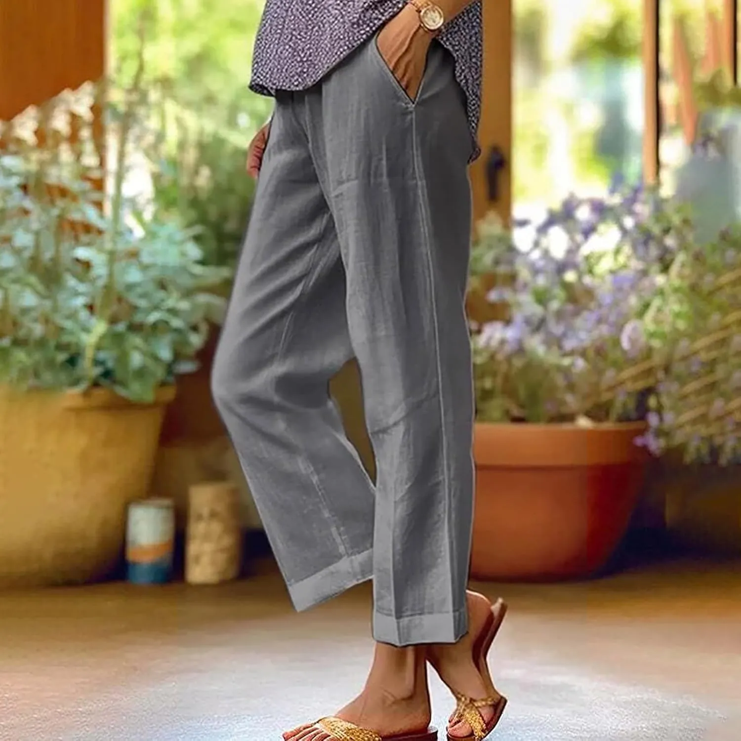 Womens Straight Leg Linen Pants with Pokets High Waist Pants Beach Summer Bottoms Casual Trousers Loungewear