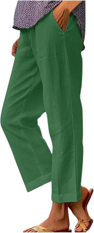 Womens Straight Leg Linen Pants with Pokets High Waist Pants Beach Summer Bottoms Casual Trousers Loungewear