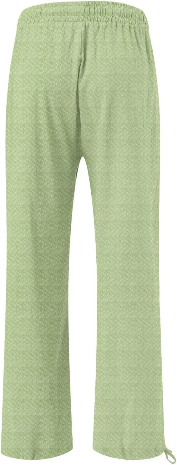 Women's Striped Cotton Linen Wide Leg Pants Summer Casual Comfy Pants with Pockets 2025 Drawstring Elastic Waist Trousers