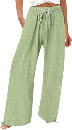 Women's Striped Cotton Linen Wide Leg Pants Summer Casual Comfy Pants with Pockets 2025 Drawstring Elastic Waist Trousers