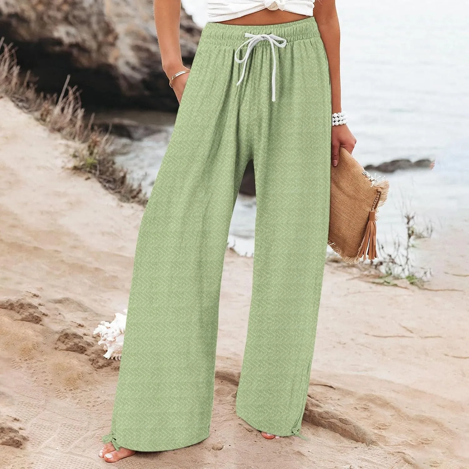 Women's Striped Cotton Linen Wide Leg Pants Summer Casual Comfy Pants with Pockets 2025 Drawstring Elastic Waist Trousers
