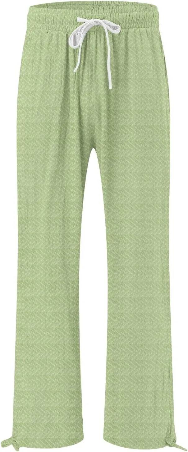 Women's Striped Cotton Linen Wide Leg Pants Summer Casual Comfy Pants with Pockets 2025 Drawstring Elastic Waist Trousers