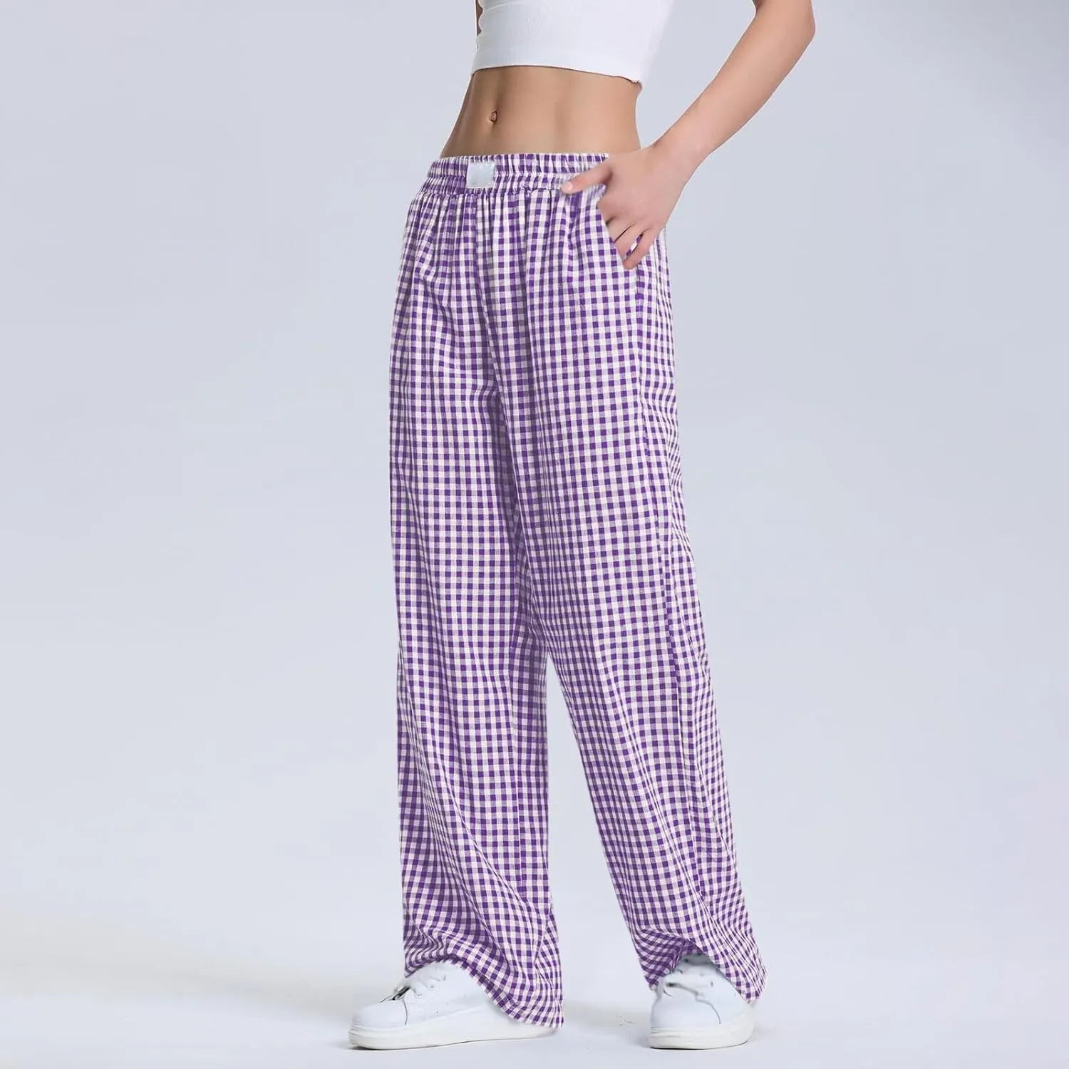 Women's Striped Gingham Boxer Pant Wide Leg Elastic Waist Pajama Lounge Pj Plaid TrousersY2K Beach Bottoms with Pocket