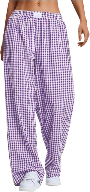 Women's Striped Gingham Boxer Pant Wide Leg Elastic Waist Pajama Lounge Pj Plaid TrousersY2K Beach Bottoms with Pocket
