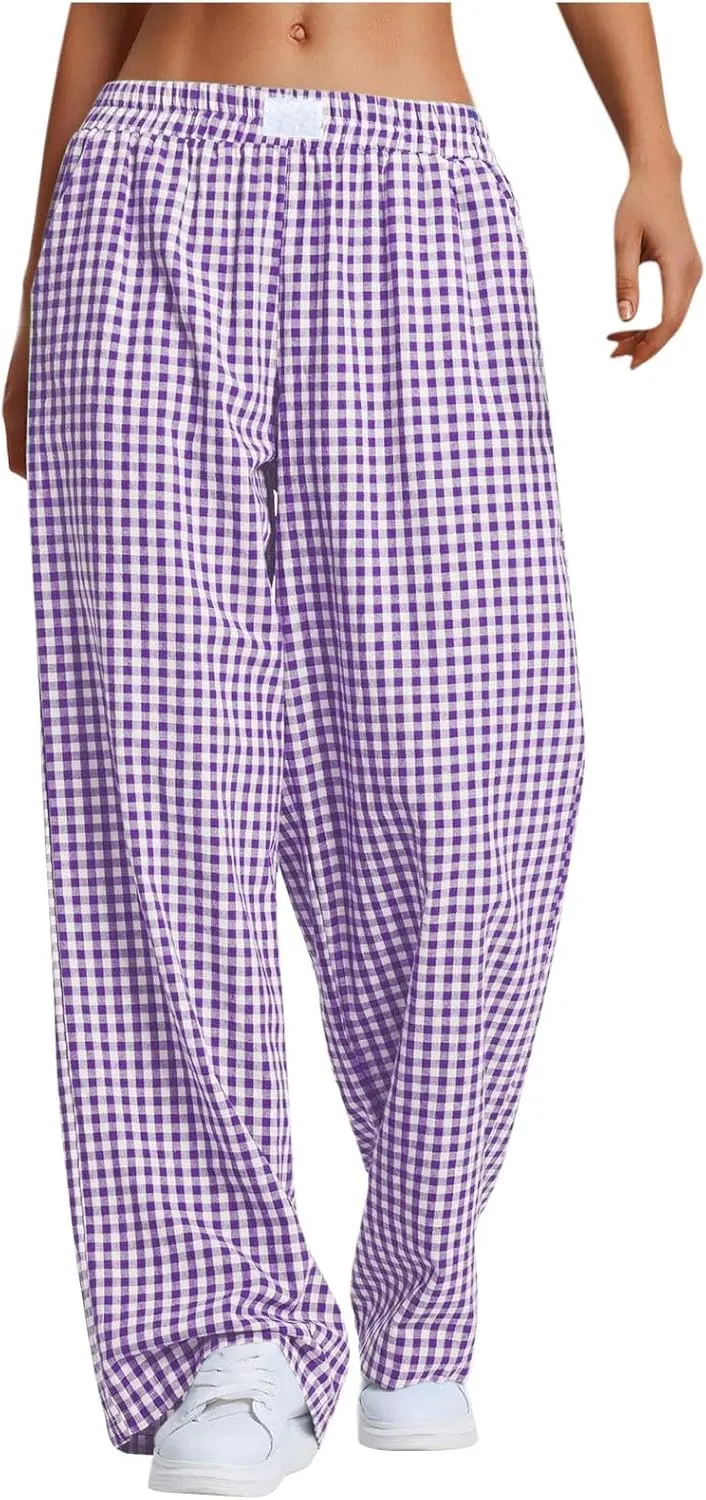 Women's Striped Gingham Boxer Pant Wide Leg Elastic Waist Pajama Lounge Pj Plaid TrousersY2K Beach Bottoms with Pocket