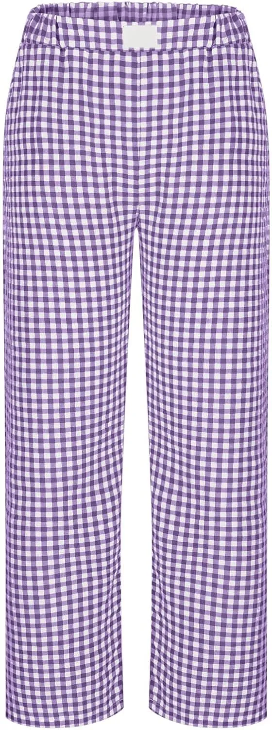 Women's Striped Gingham Boxer Pant Wide Leg Elastic Waist Pajama Lounge Pj Plaid TrousersY2K Beach Bottoms with Pocket