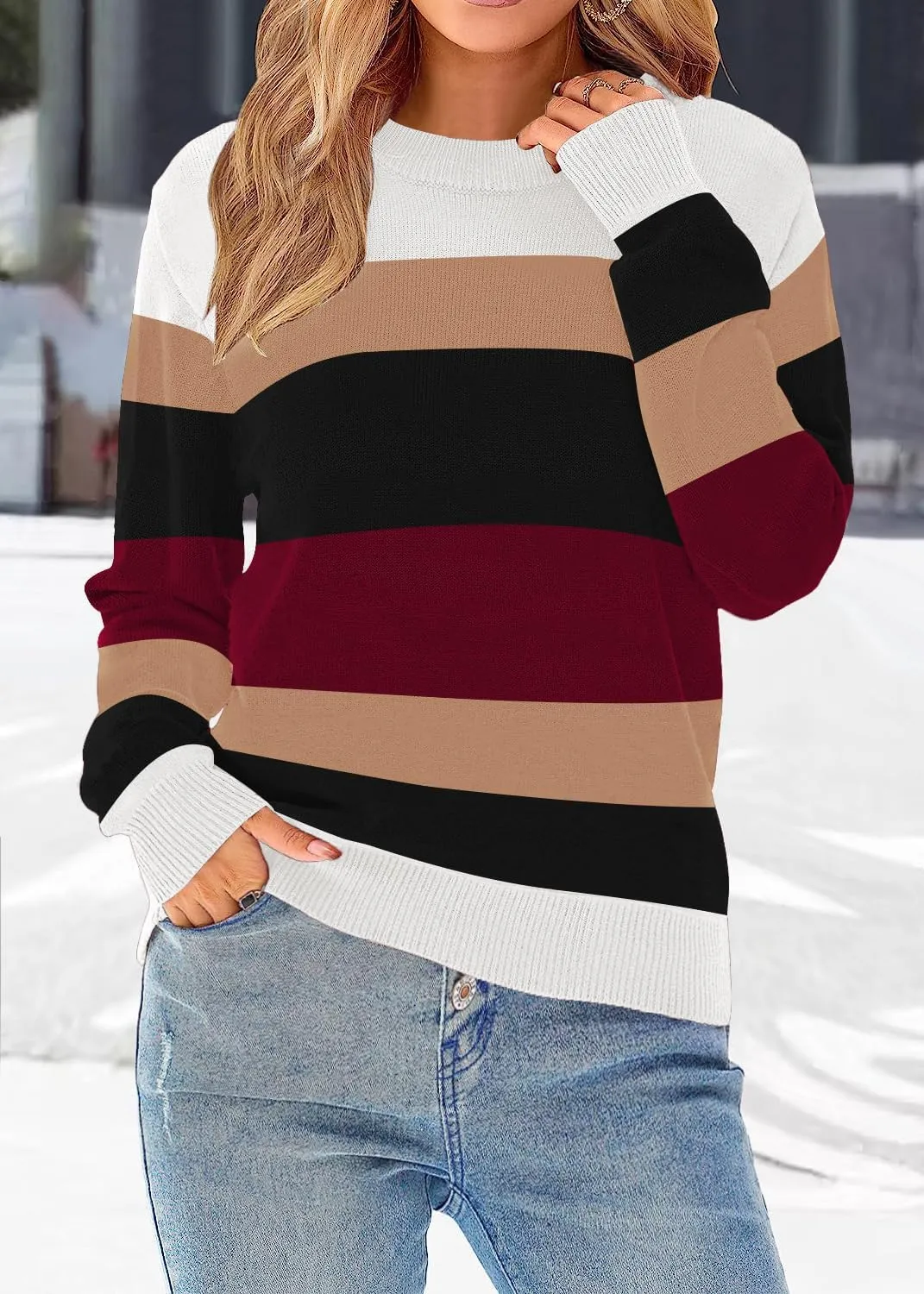 Womens Striped Sweater Long Sleeve Crew Neck Ribbed Knit 2025 Fall Winter Pullover Sweater Tops