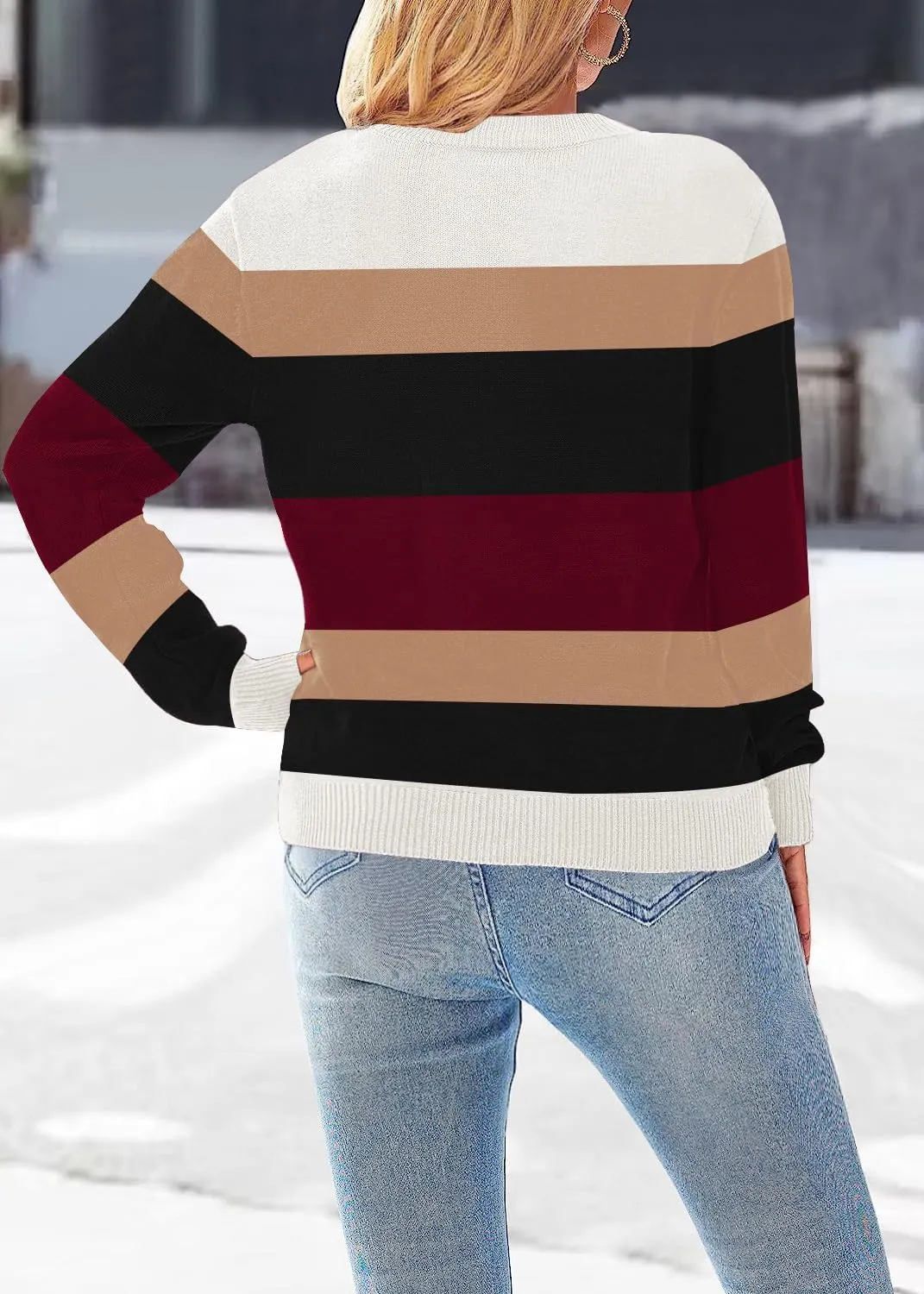 Womens Striped Sweater Long Sleeve Crew Neck Ribbed Knit 2025 Fall Winter Pullover Sweater Tops