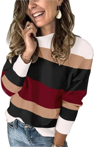 Womens Striped Sweater Long Sleeve Crew Neck Ribbed Knit 2025 Fall Winter Pullover Sweater Tops