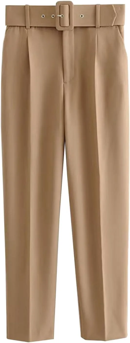 Womens Stylish Y2K High Waist Belt Trousers Casual Lightweight Cotton Linen Cropped Pant with Pockets for Spring Fall