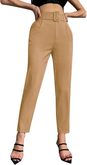 Womens Stylish Y2K High Waist Belt Trousers Casual Lightweight Cotton Linen Cropped Pant with Pockets for Spring Fall