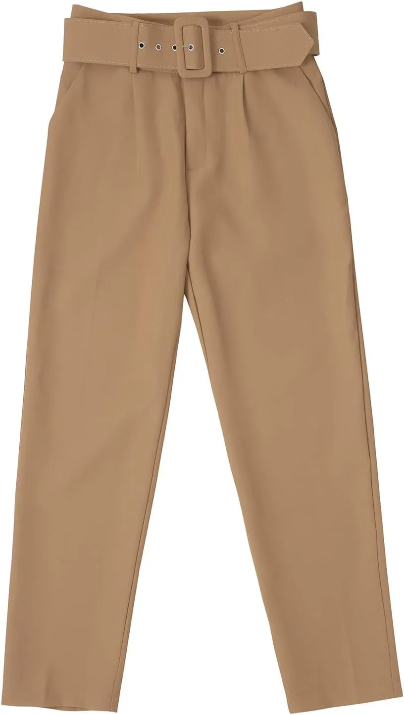 Womens Stylish Y2K High Waist Belt Trousers Casual Lightweight Cotton Linen Cropped Pant with Pockets for Spring Fall