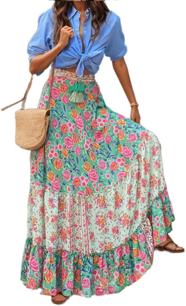 Women's Summer Boho Floral Maxi Skirt Flowy Casual Spring Bohemian Elastic Waist Beach Vacation Long Skirt