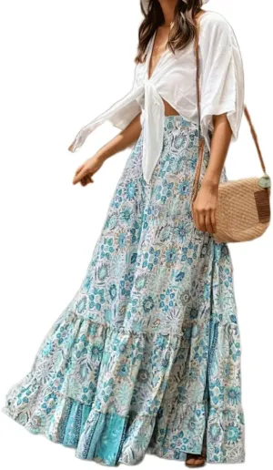 Women's Summer Boho Floral Maxi Skirt Flowy Casual Spring Bohemian Elastic Waist Beach Vacation Long Skirt