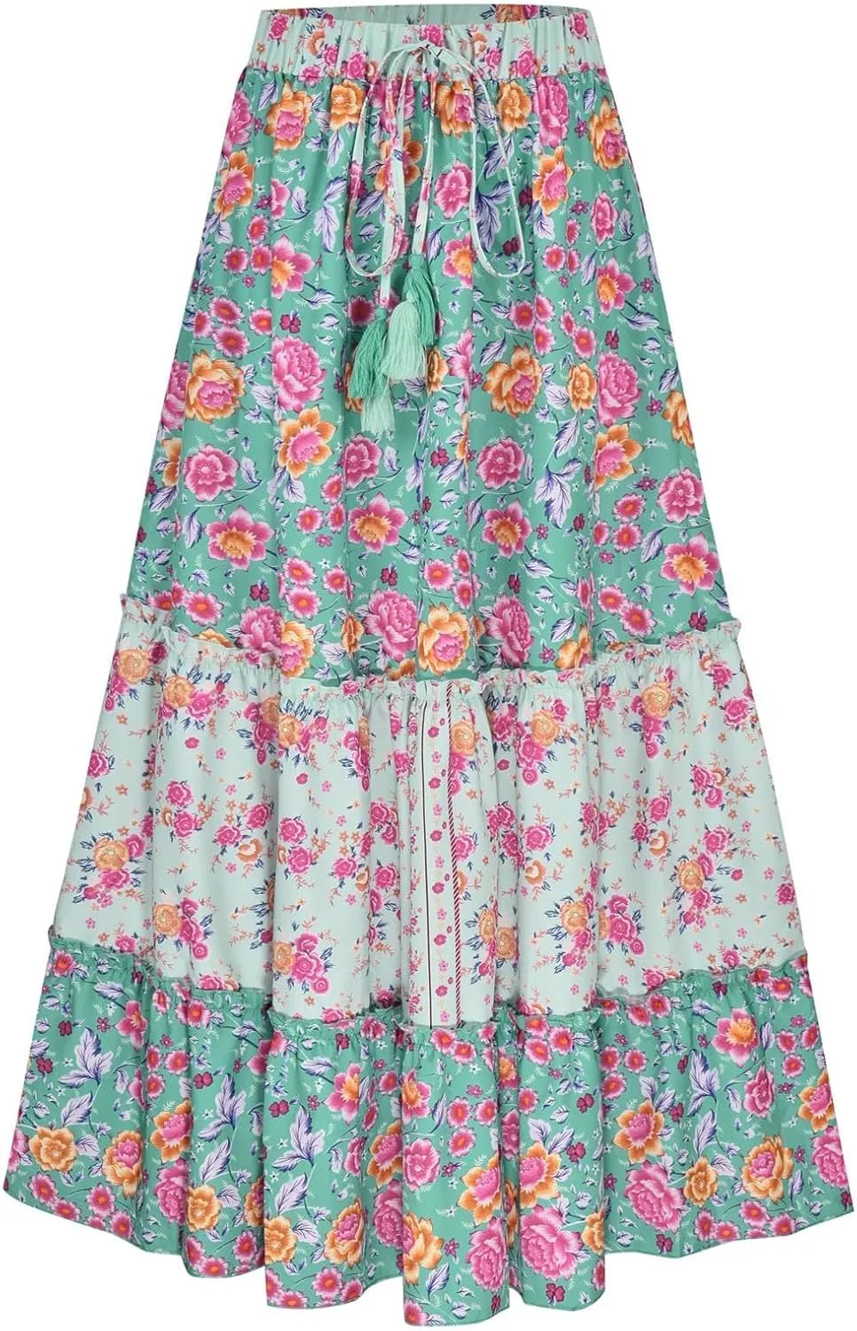 Women's Summer Boho Floral Maxi Skirt Flowy Casual Spring Bohemian Elastic Waist Beach Vacation Long Skirt