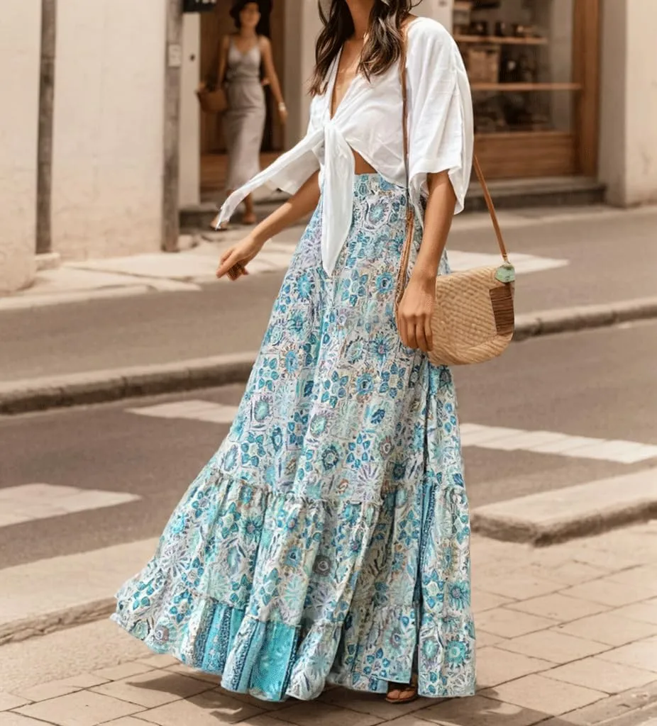 Women's Summer Boho Floral Maxi Skirt Flowy Casual Spring Bohemian Elastic Waist Beach Vacation Long Skirt