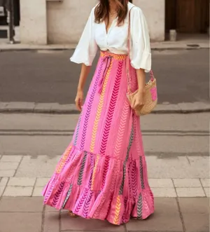 Women's Summer Boho Floral Maxi Skirt Flowy Casual Spring Bohemian Elastic Waist Beach Vacation Long Skirt