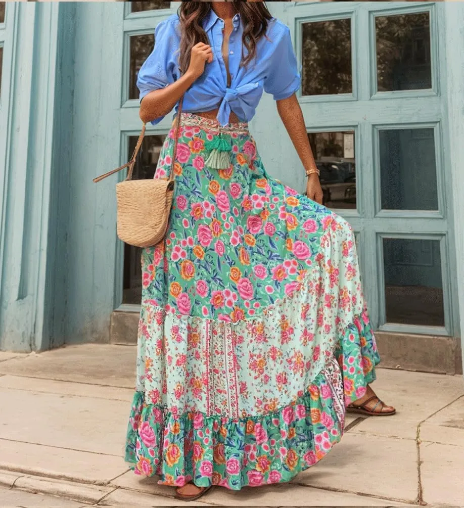 Women's Summer Boho Floral Maxi Skirt Flowy Casual Spring Bohemian Elastic Waist Beach Vacation Long Skirt