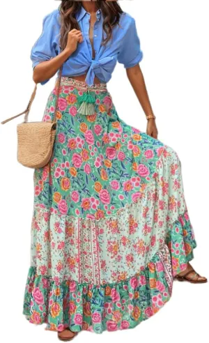 Women's Summer Boho Floral Maxi Skirt Flowy Casual Spring Bohemian Elastic Waist Beach Vacation Long Skirt