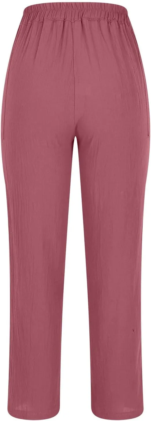 Women's Summer Casual Pants High Waisted Cotton Linen Palazzo Trousers Button Down Wide Leg Pocket Lounge Slacks