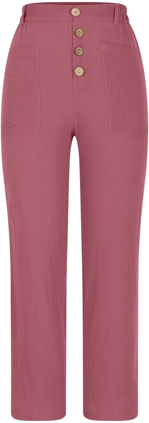 Women's Summer Casual Pants High Waisted Cotton Linen Palazzo Trousers Button Down Wide Leg Pocket Lounge Slacks