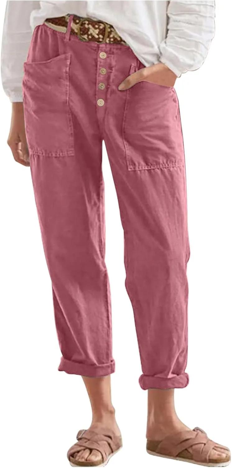 Women's Summer Casual Pants High Waisted Cotton Linen Palazzo Trousers Button Down Wide Leg Pocket Lounge Slacks