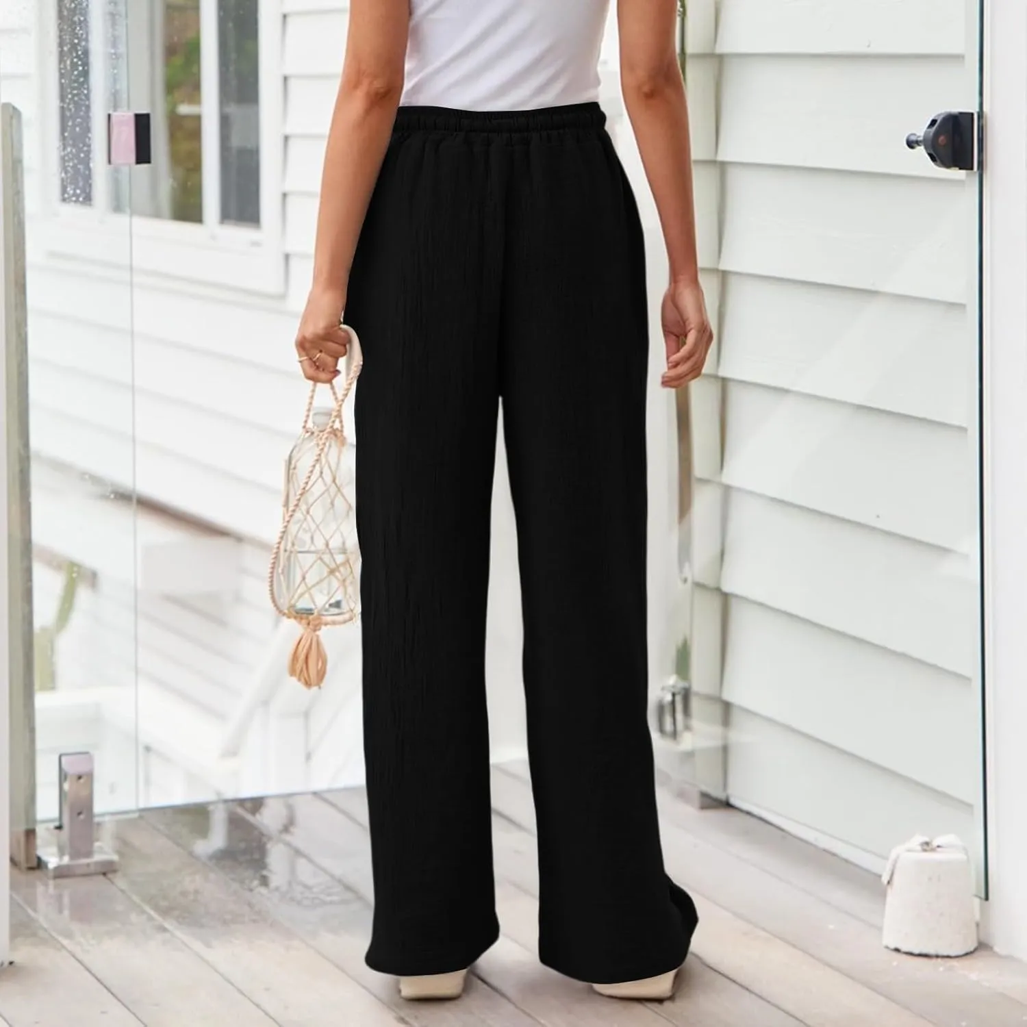 Women's Summer Cotton Linen Drawstring Straight Leg Palazzo Pants High Waist Beach Flowy Trouser Pant with Pocket