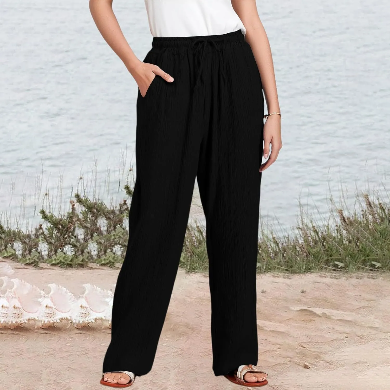 Women's Summer Cotton Linen Drawstring Straight Leg Palazzo Pants High Waist Beach Flowy Trouser Pant with Pocket