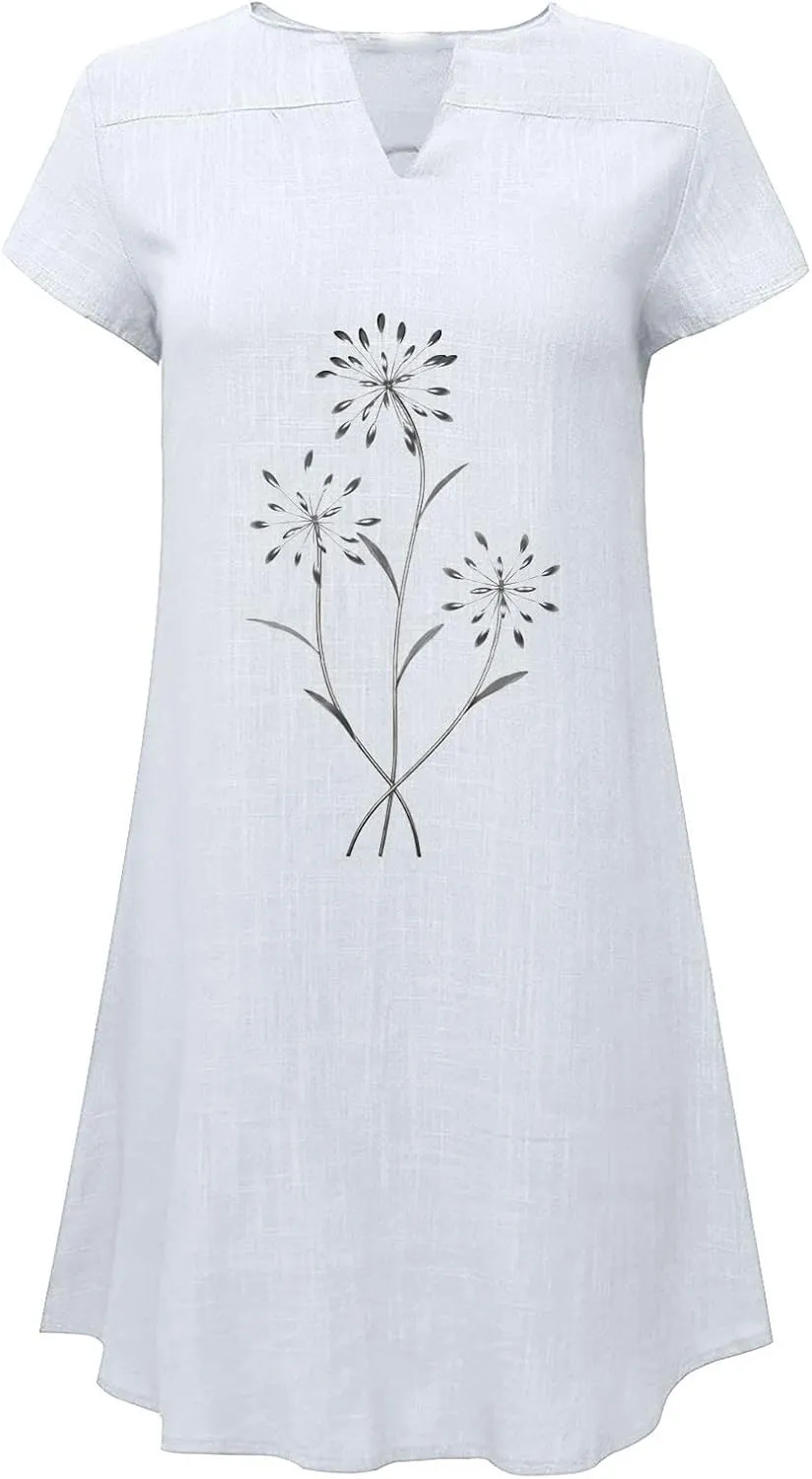 Womens Summer Cotton Linen Dresses Casual V Neck Short Sleeve Midi Dress Floral Embroidery Shirt Dress Plus Size S-5X Deals of The Day 2024 Vacation Sun Dresses Women, Medium, White N